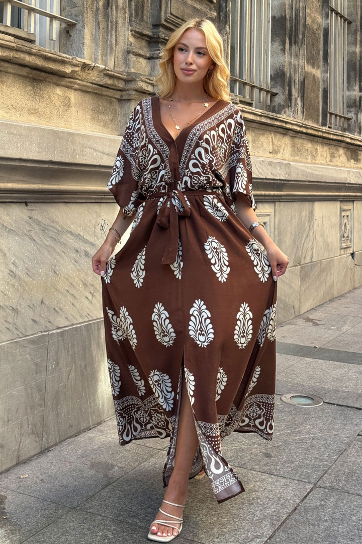 Brown V-Neck Maxi Dress with Slit Patterned Viscose Fabric BCVL-25V208 - Mineral de la Reforma