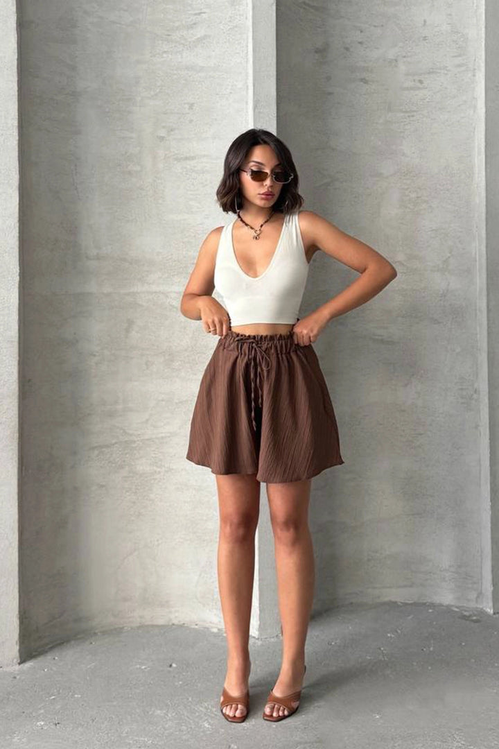 Brown Flounce Comfort Fit Elastic Waist Linen Shorts BCHN-25255058 - Sérres