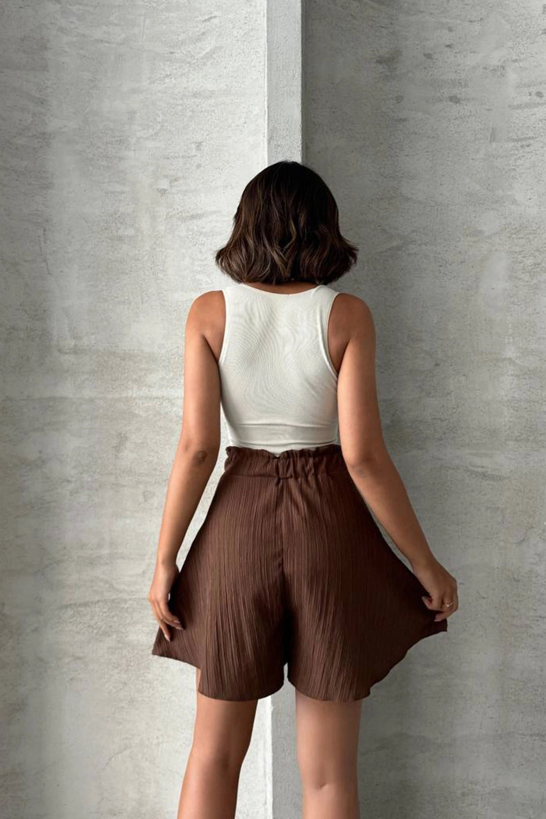 Brown Flounce Comfort Fit Elastic Waist Linen Shorts BCHN-25255058 - Sérres
