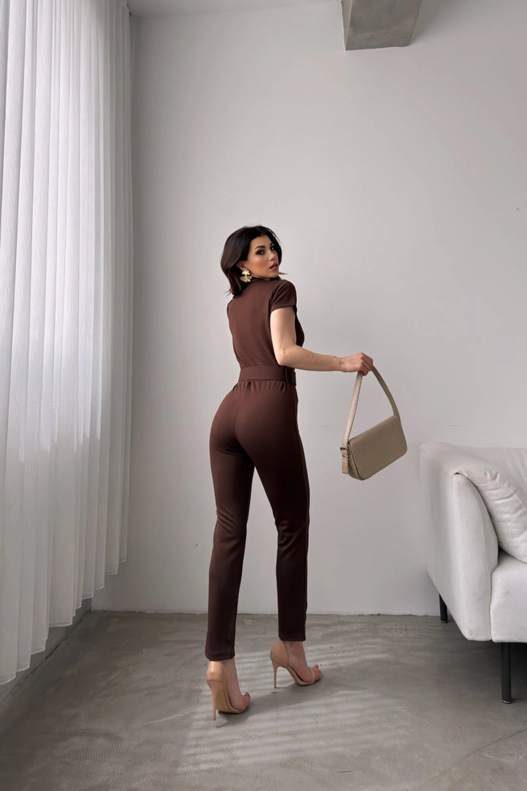 Brown Collared Belted Jumpsuit BCDF-247023 - Leer
