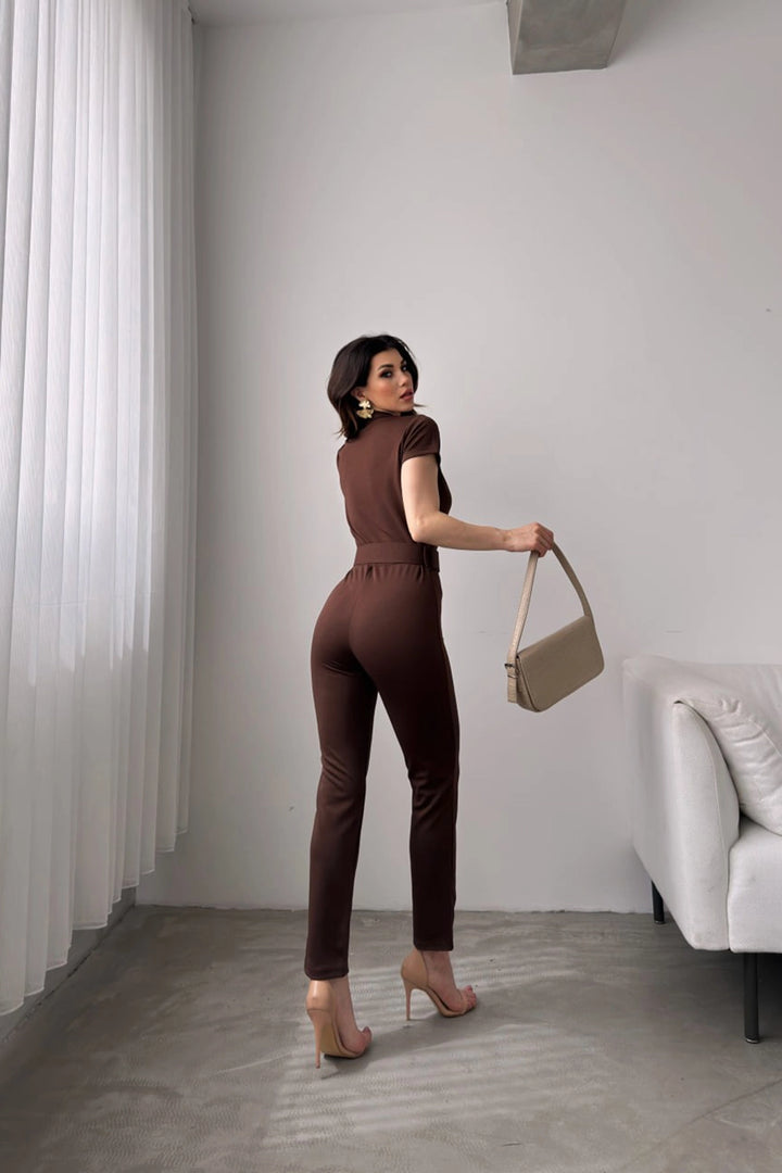 Brown Collared Belted Jumpsuit BCDF-247023 - Leer