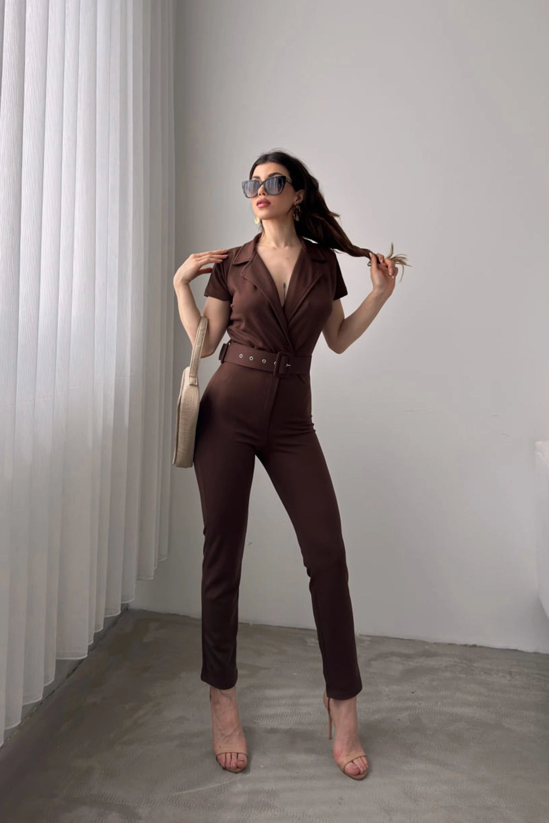 Brown Collared Belted Jumpsuit BCDF-247023 - Leer