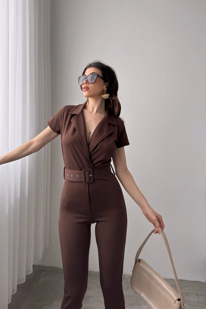Brown Collared Belted Jumpsuit BCDF-247023 - Leer