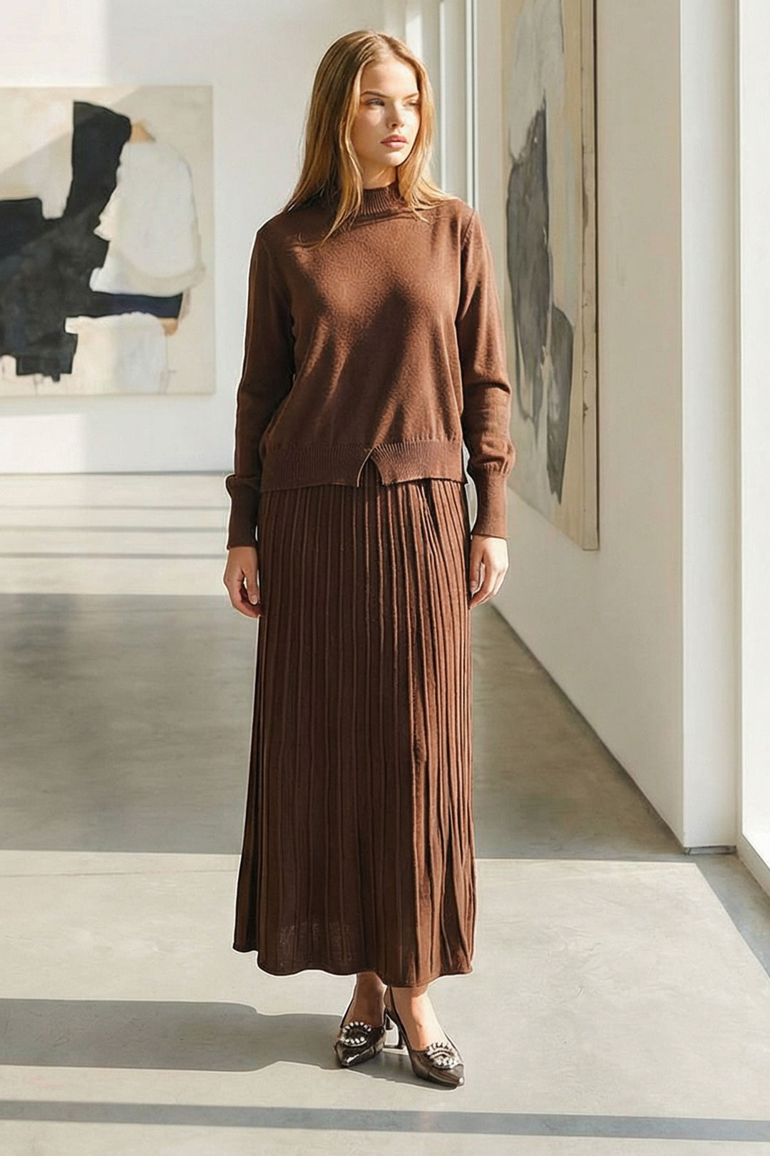 Brown Half Fisherman Collar Sweater and Midi Pleated Skirt Set BCHPK-251253 - Harrogate