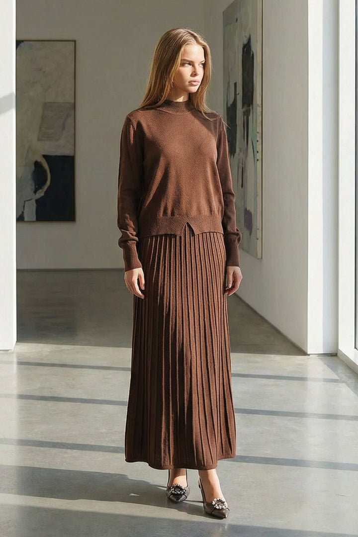 Brown Half Fisherman Collar Sweater and Midi Pleated Skirt Set BCHPK-251253 - Harrogate