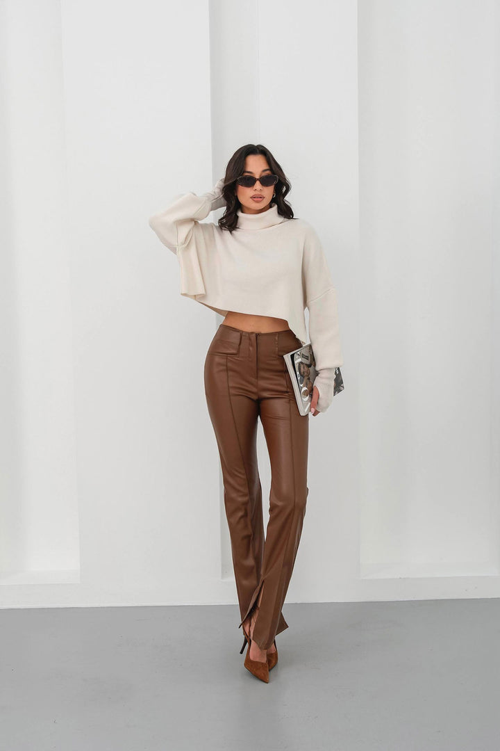 Brown High Waisted Slit Faux Leather Pants BCHN-25265099 - Memphis
