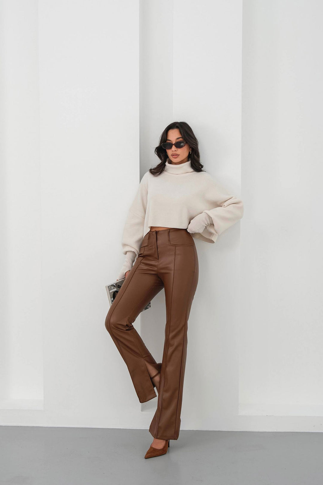 Brown High Waisted Slit Faux Leather Pants BCHN-25265099 - Memphis