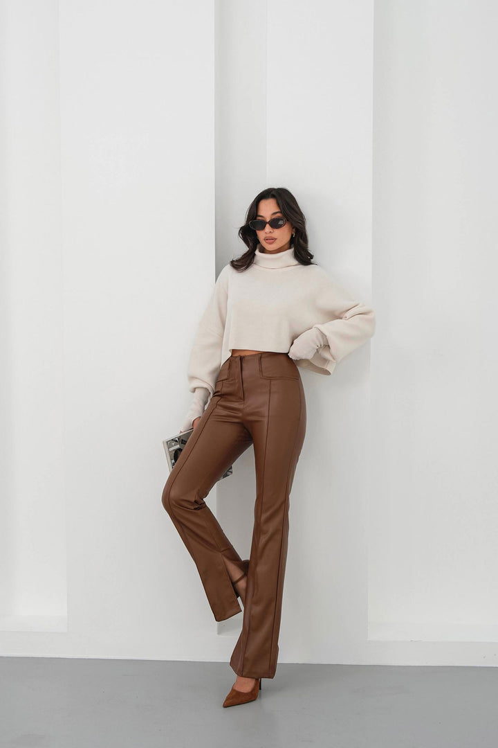 Brown High Waisted Slit Faux Leather Pants BCHN-25265099 - Memphis