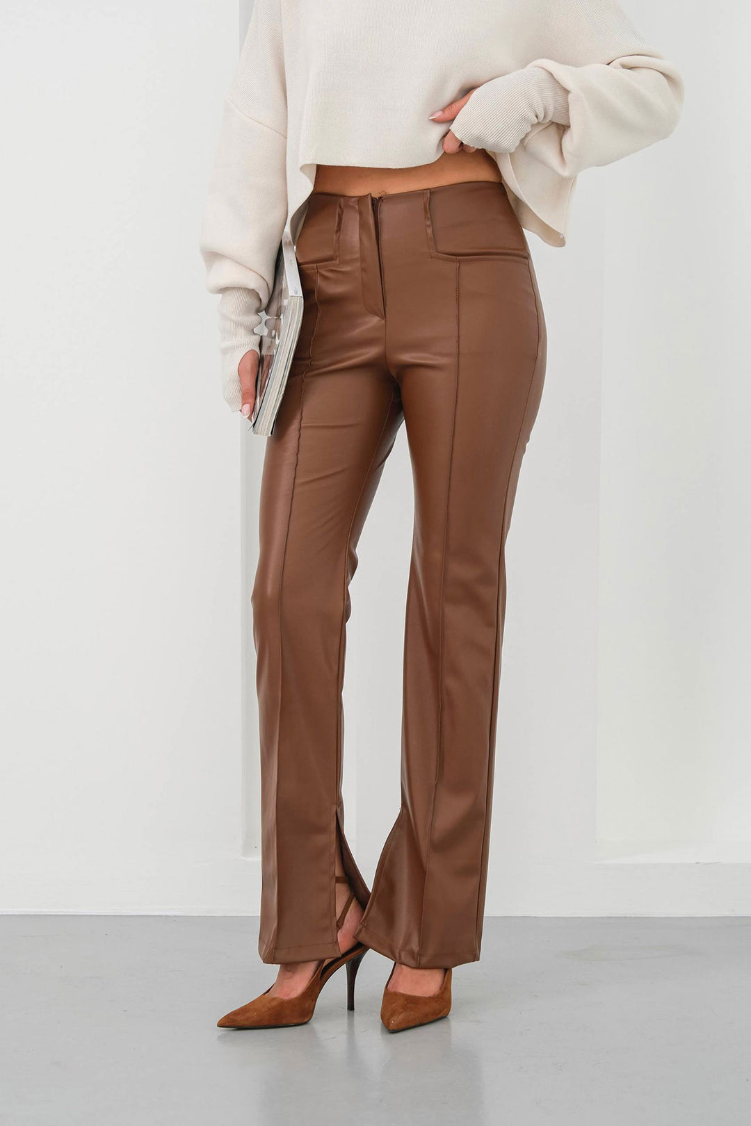 Brown High Waisted Slit Faux Leather Pants BCHN-25265099 - Memphis