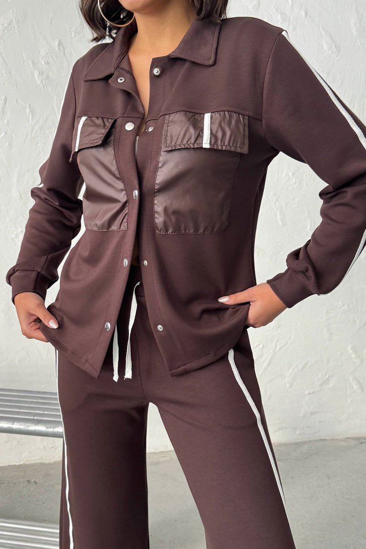 Brown Soft Textured Palazzo Pants and Embroidered Shirt Set BCHN-25261025 - Schoten