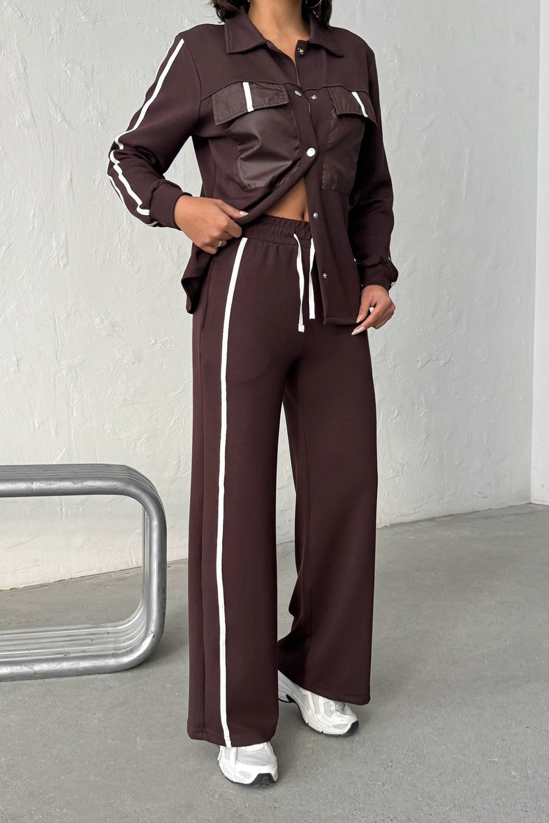Brown Soft Textured Palazzo Pants and Embroidered Shirt Set BCHN-25261025 - Schoten