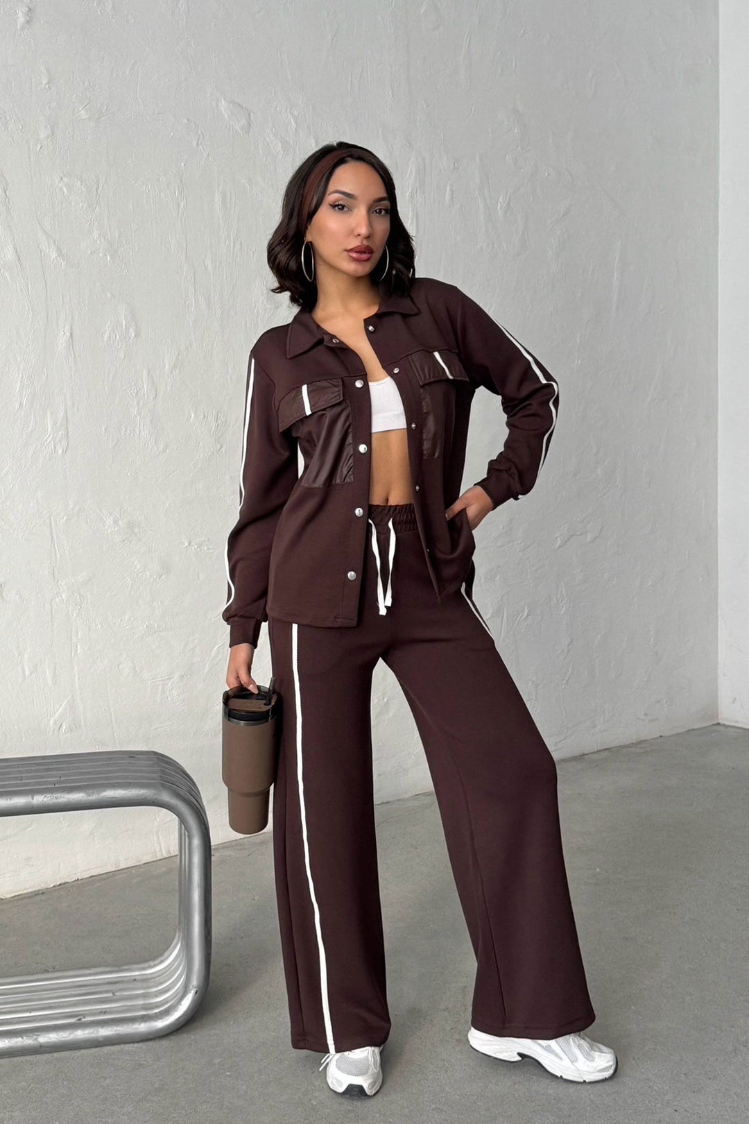 Brown Soft Textured Palazzo Pants and Embroidered Shirt Set BCHN-25261025 - Schoten