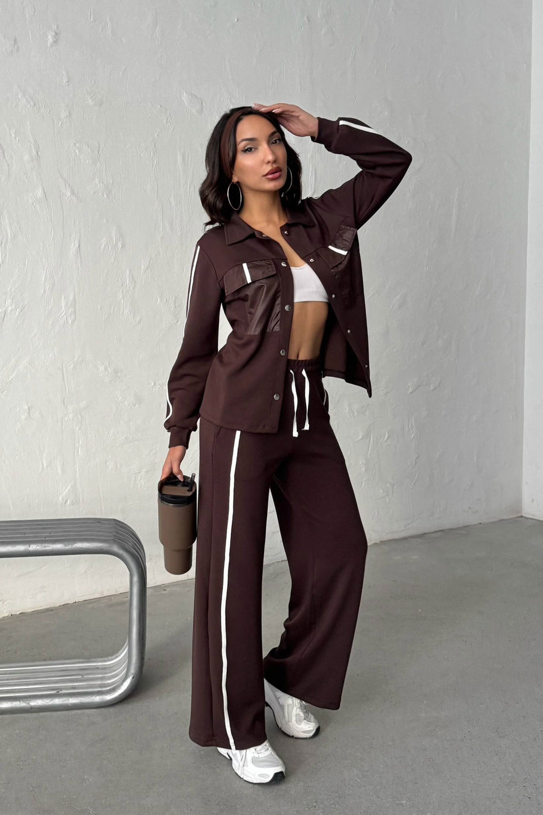 Brown Soft Textured Palazzo Pants and Embroidered Shirt Set BCHN-25261025 - Schoten
