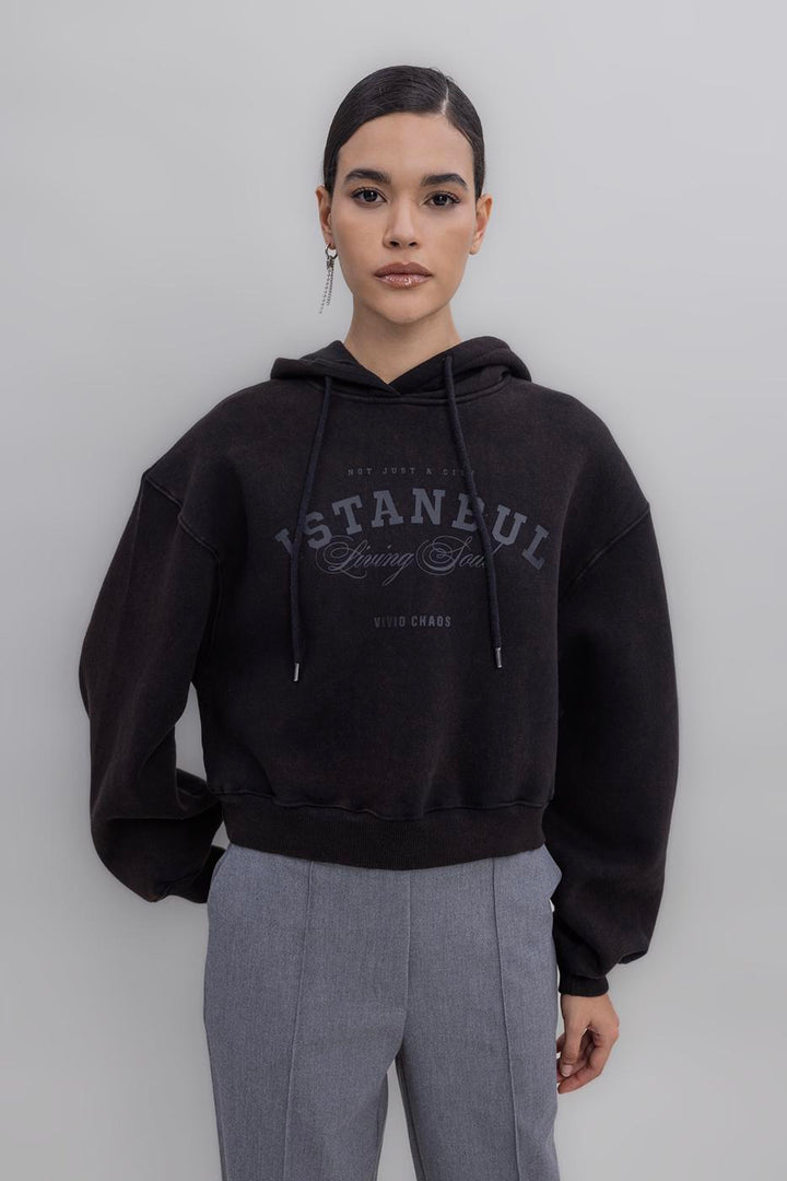 BSL Women Hooded Print Detailed Fleece Sweatshirt - Ramos Arizpe