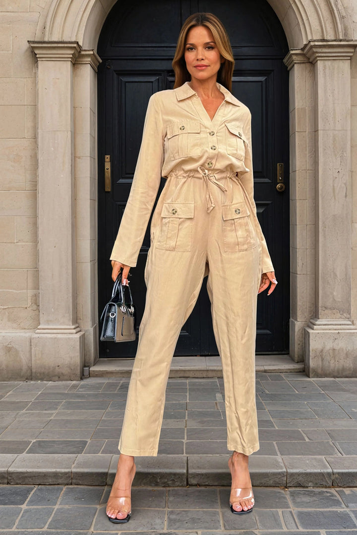 Caramel Airy Pocketed Belted Safari Jumpsuit BCBSK-25700-3164 - Sète
