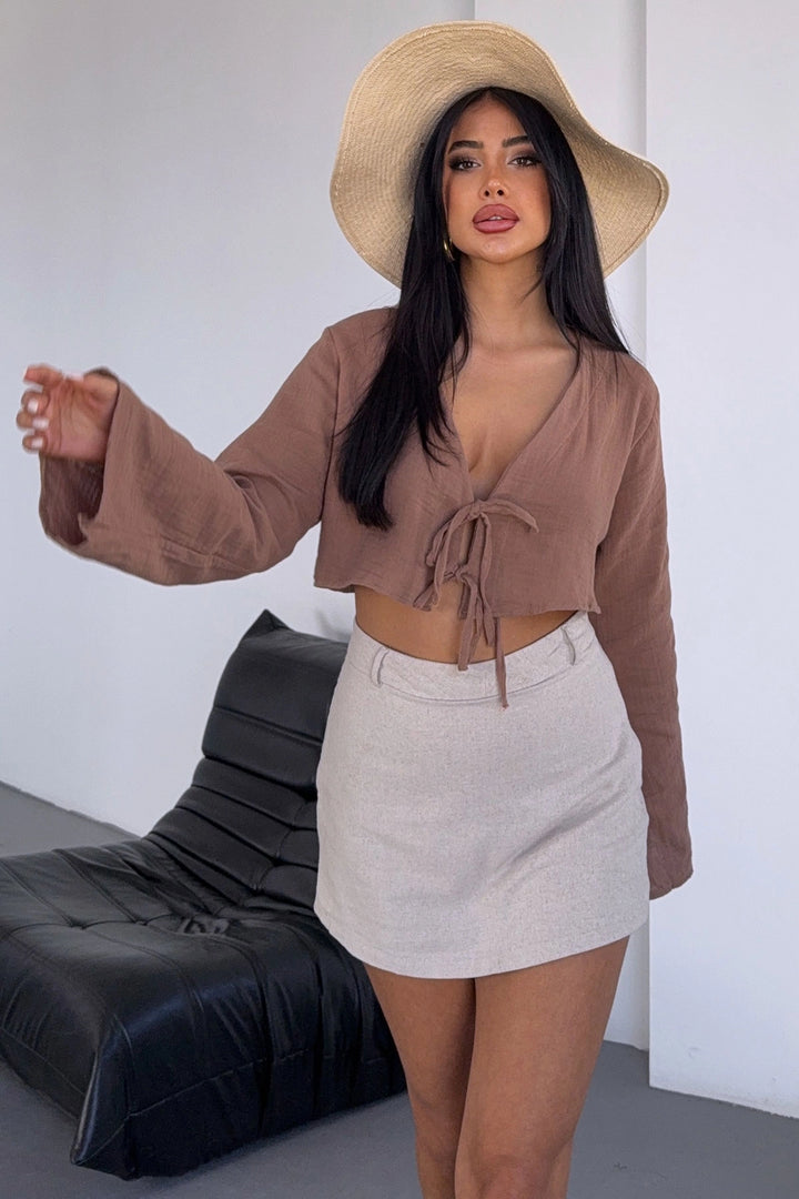Caramel Tie-Dye Crop Muslin Woven Blouse BCBT-251005 - North Hempstead
