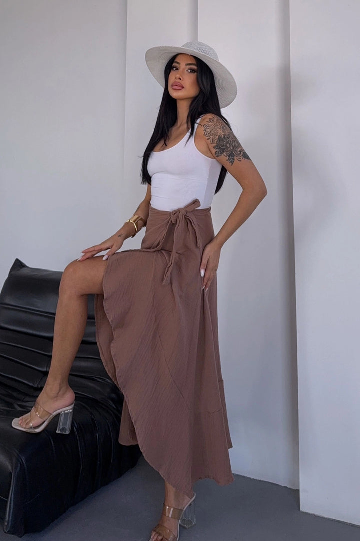 Caramel Waist-Tied Flounced Flare Muslin Woven Skirt BCBT-251006 - Bergkamen