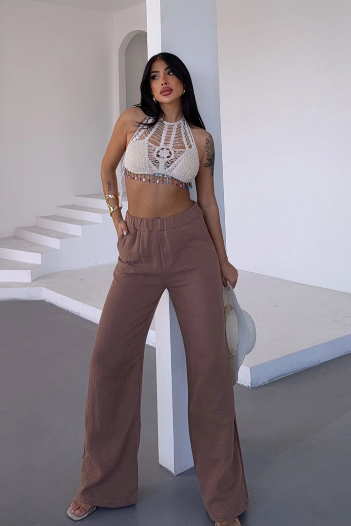 Caramel High Waist Elasticated Muslin Woven Pants BCBT-251007 - Tortosa