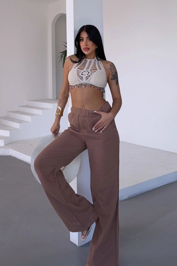 Caramel High Waist Elasticated Muslin Woven Pants BCBT-251007 - Tortosa