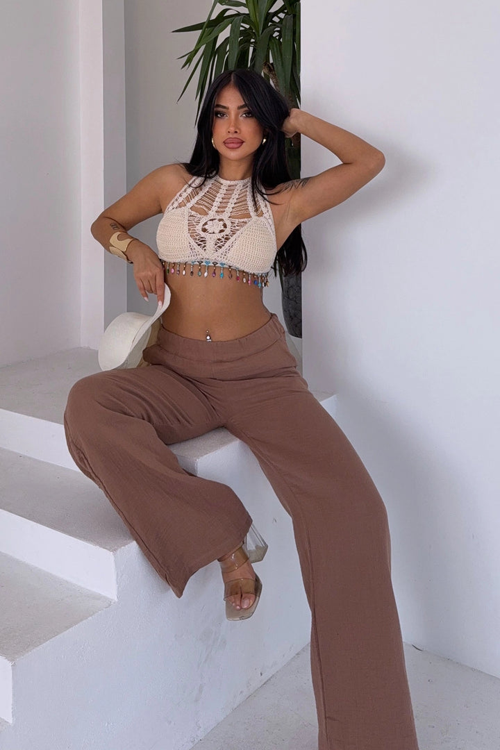 Caramel High Waist Elasticated Muslin Woven Pants BCBT-251007 - Tortosa
