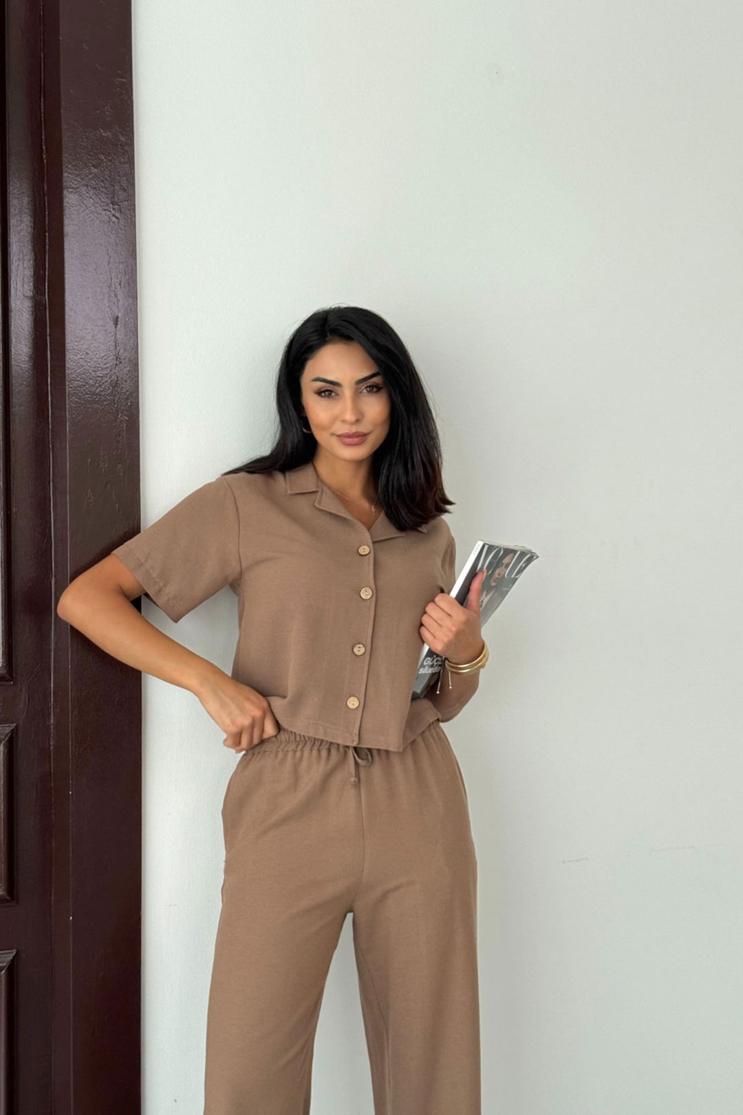 Caramel High Waist Elastic Pants and Short Sleeve Shirt Cotton Linen Top Set BCCM-253001 - La Independencia
