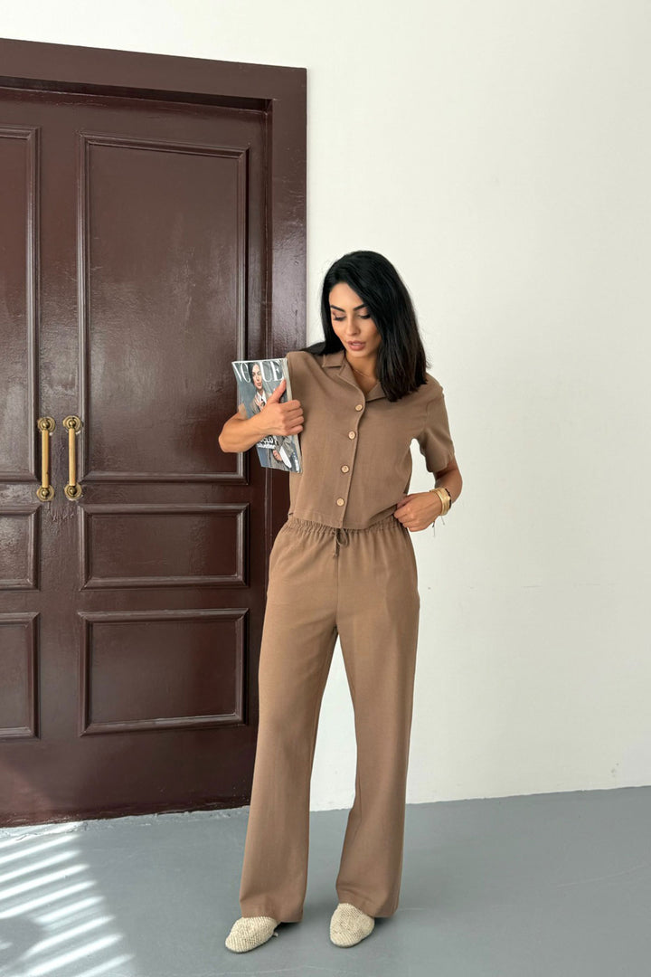 Caramel High Waist Elastic Pants and Short Sleeve Shirt Cotton Linen Top Set BCCM-253001 - La Independencia