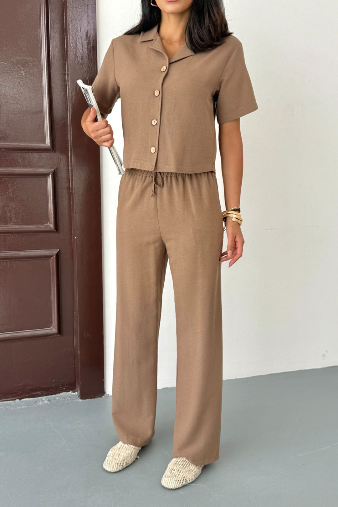 Caramel High Waist Elastic Pants and Short Sleeve Shirt Cotton Linen Top Set BCCM-253001 - La Independencia