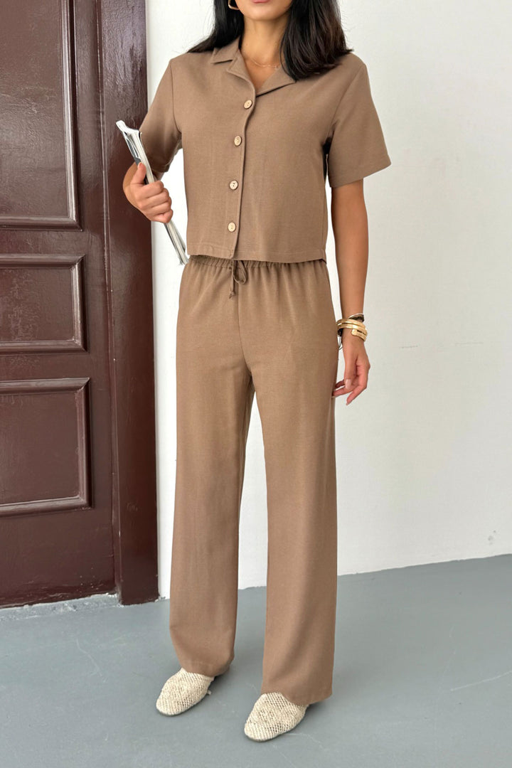 Caramel High Waist Elastic Pants and Short Sleeve Shirt Cotton Linen Top Set BCCM-253001 - La Independencia