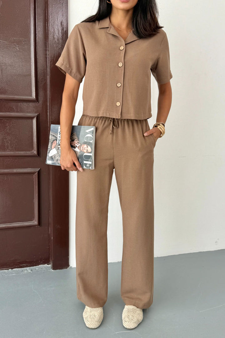 Caramel High Waist Elastic Pants and Short Sleeve Shirt Cotton Linen Top Set BCCM-253001 - La Independencia