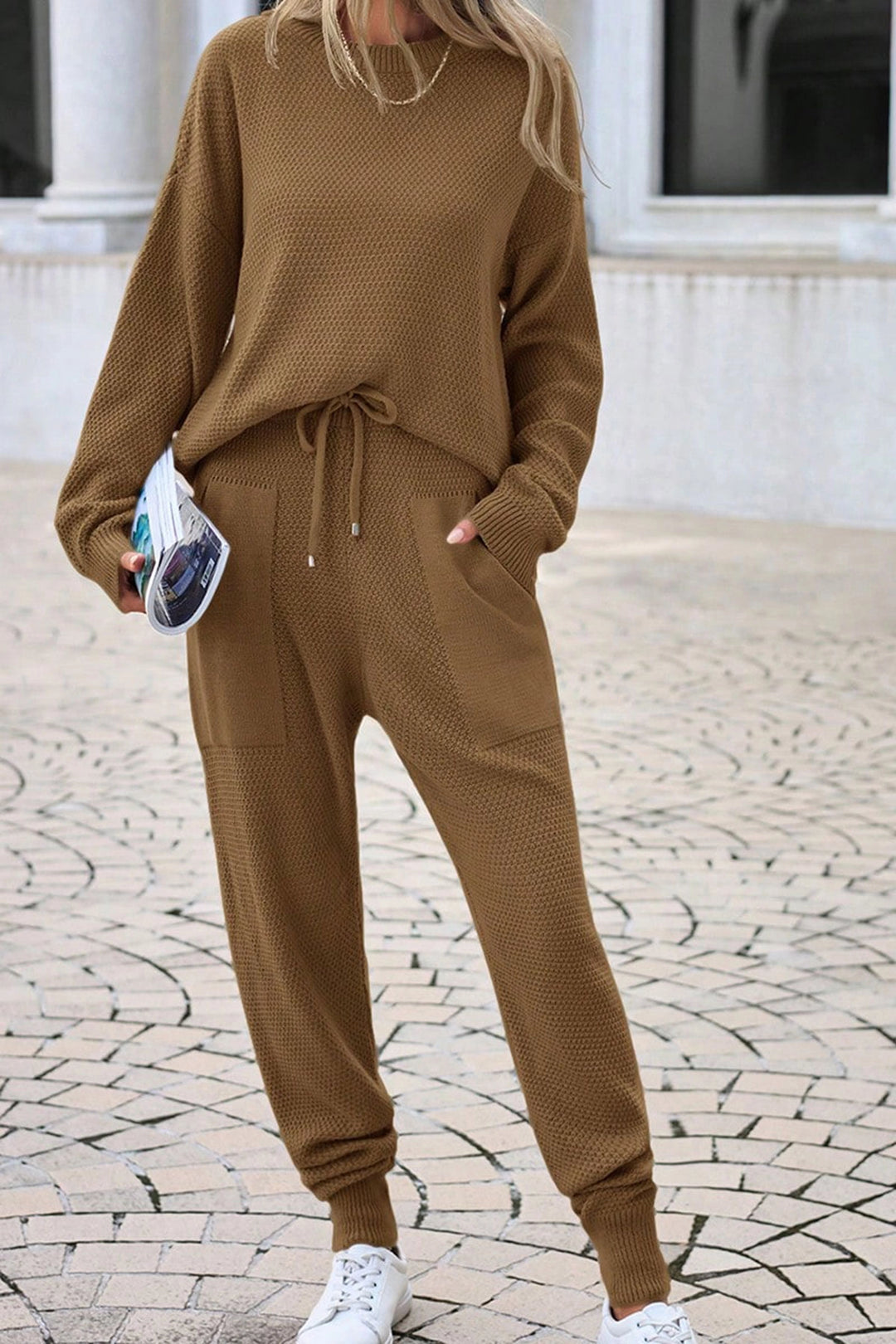 Caramel Bicycle Neck Double Pocket Thessaloniki Knit Loose Fit Knitwear Set BC24YG157STN - Ensenada