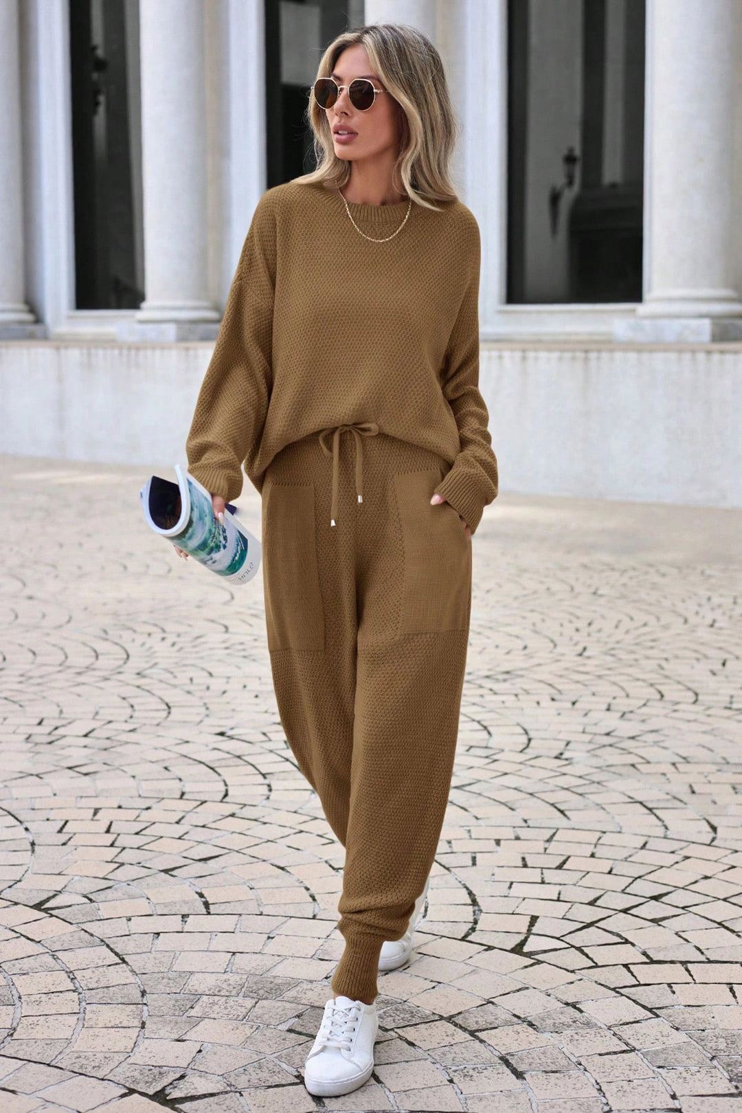 Caramel Bicycle Neck Double Pocket Thessaloniki Knit Loose Fit Knitwear Set BC24YG157STN - Ensenada