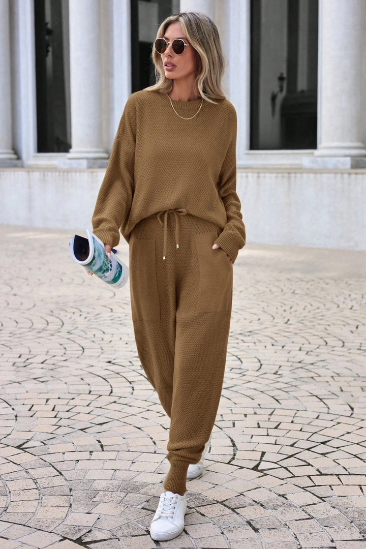 Caramel Bicycle Neck Double Pocket Thessaloniki Knit Loose Fit Knitwear Set BC24YG157STN - Ensenada