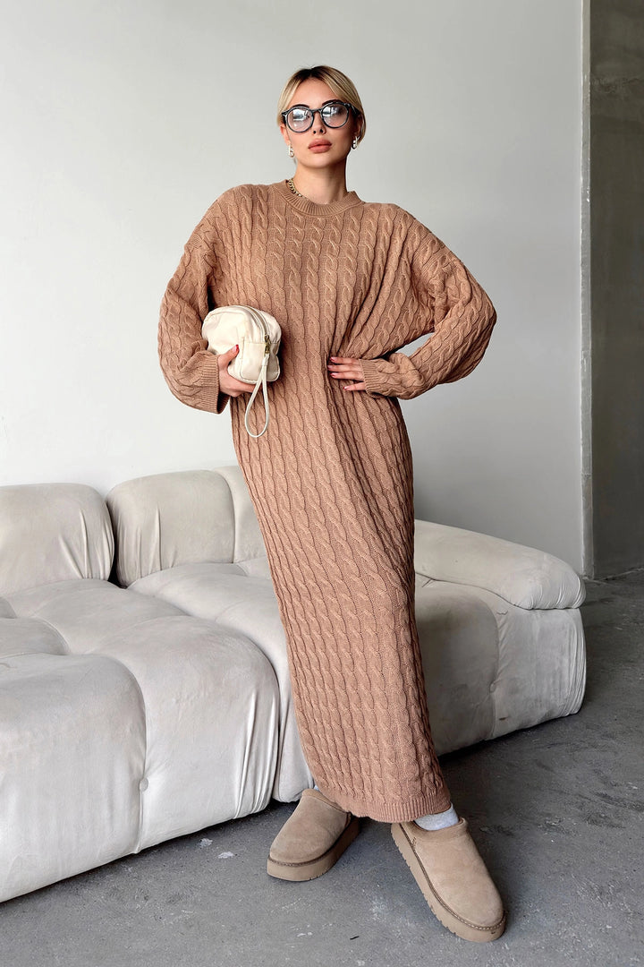 Caramel Bicycle Collar Hair Braided Midi Length Winter Knit Dress BCVL-T24ELB1 - Münster