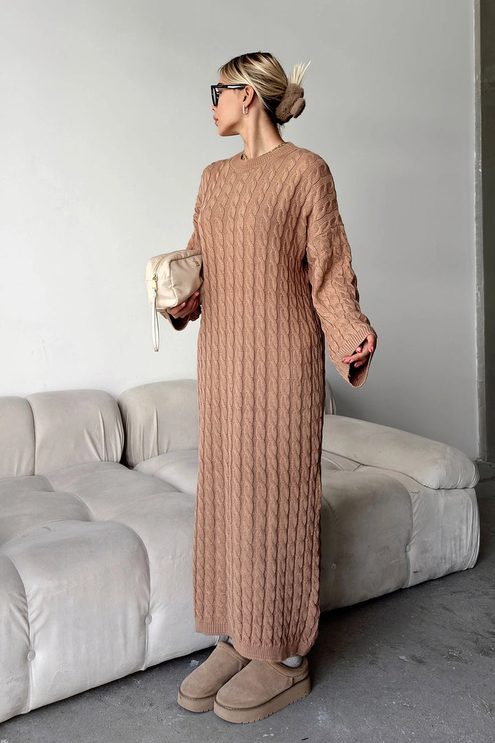 Caramel Bicycle Collar Hair Braided Midi Length Winter Knit Dress BCVL-T24ELB1 - Münster
