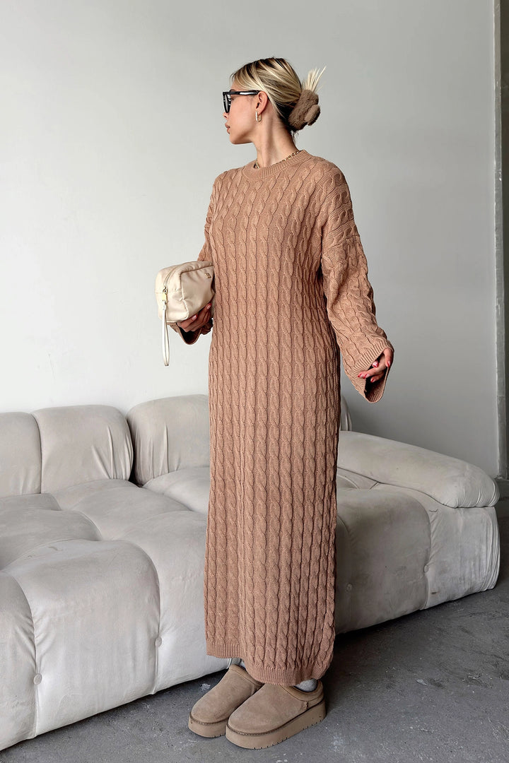 Caramel Bicycle Collar Hair Braided Midi Length Winter Knit Dress BCVL-T24ELB1 - Münster