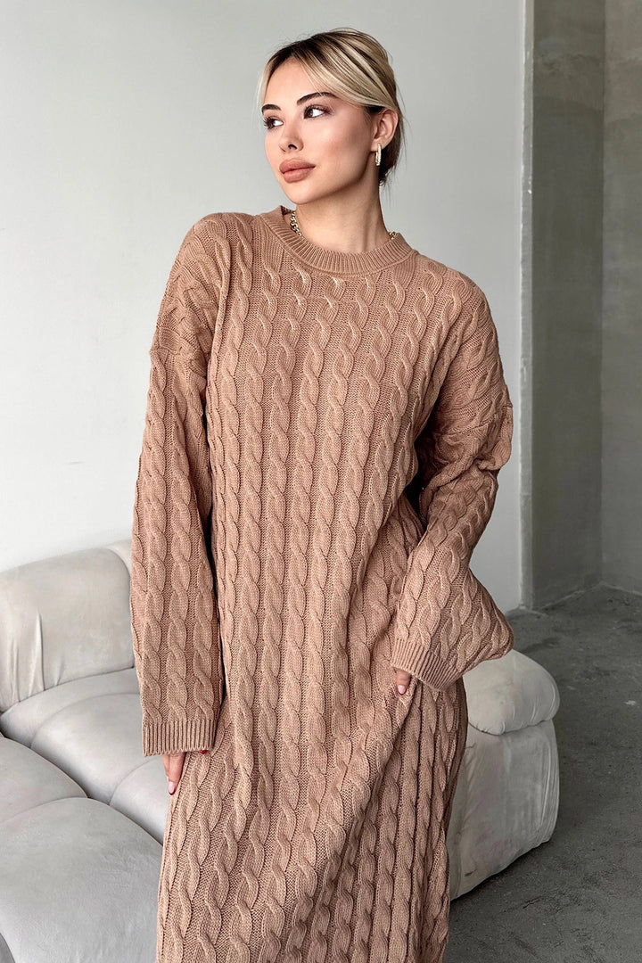 Caramel Bicycle Collar Hair Braided Midi Length Winter Knit Dress BCVL-T24ELB1 - Münster