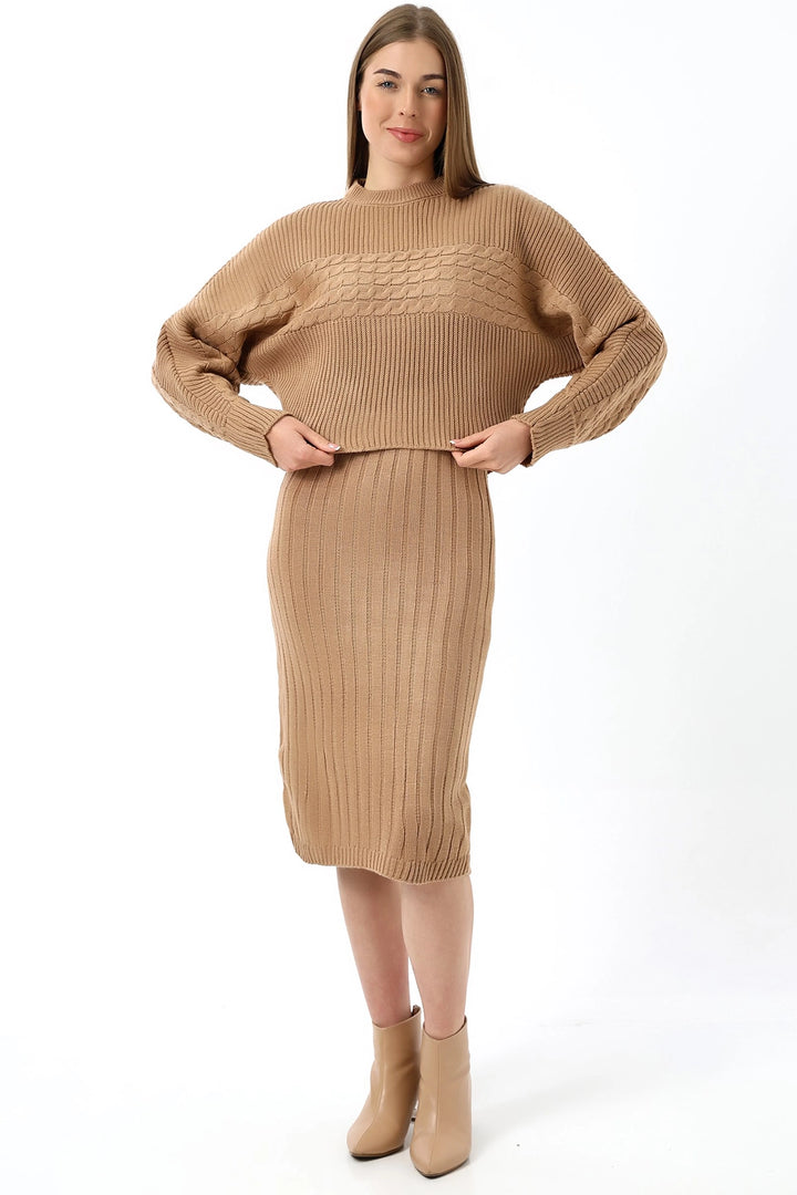 Caramel Turtleneck Knitted Crop Sweater and Knit Dress Set BC231004 - East Point