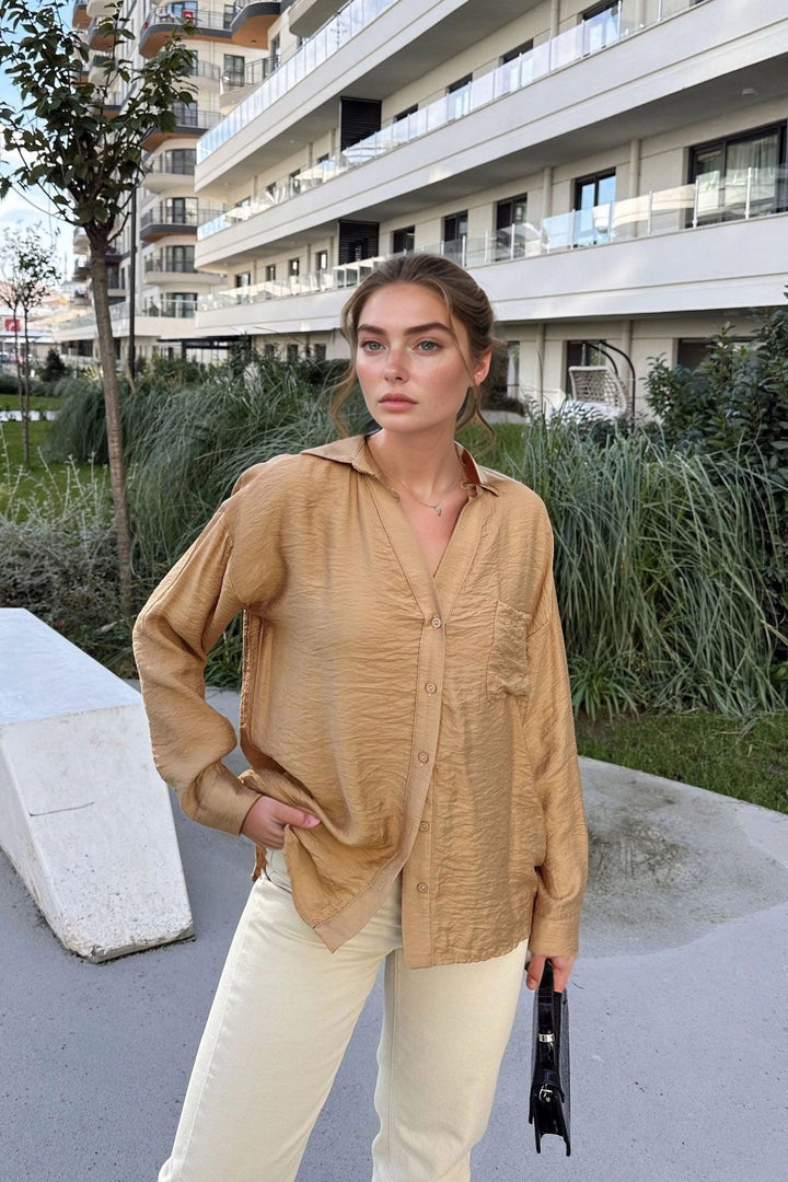 Caramel Buttoned Oversized Long Sleeve Shirt BCBSK-25700-3329 - Hueyapan de Ocampo