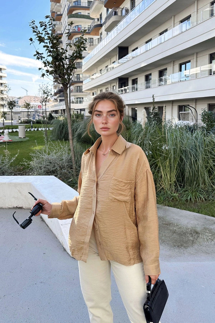 Caramel Buttoned Oversized Long Sleeve Shirt BCBSK-25700-3329 - Hueyapan de Ocampo
