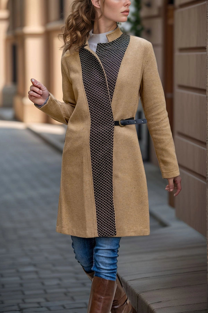 Caramel Coffee Leather Trimmed Chain Detailed Stand Collar Coat BCBSK-25700-3319 - Corroios
