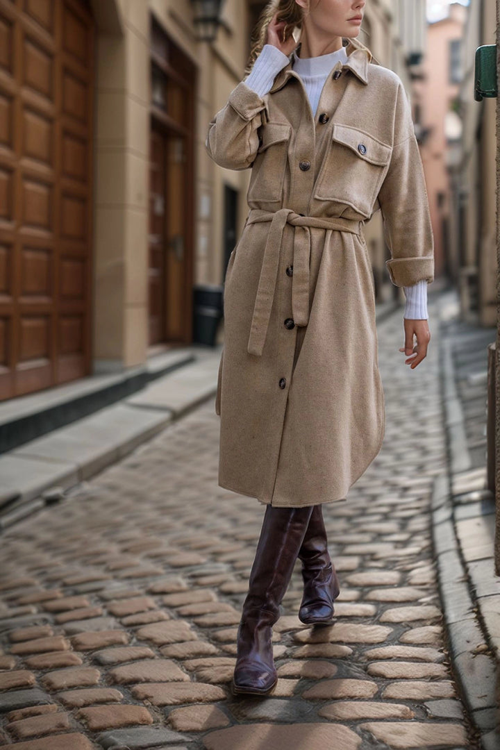 Caramel Self-Belted Double Pocket Buttoned Coat BCBSK-25700-3280 - Lörrach