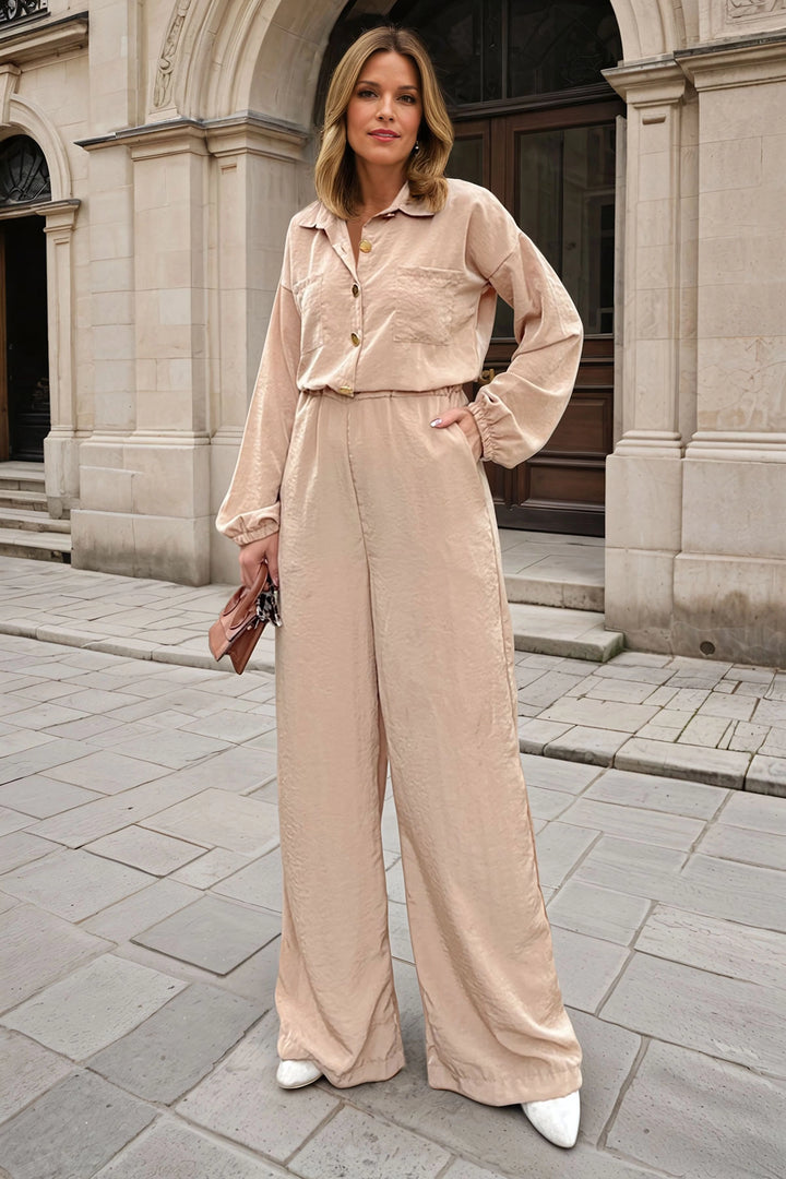 Caramel Half-Buttoned Elastic Waist Wide Leg Pocketed Loose Jumpsuit BCBSK-25700-3360 - Southport