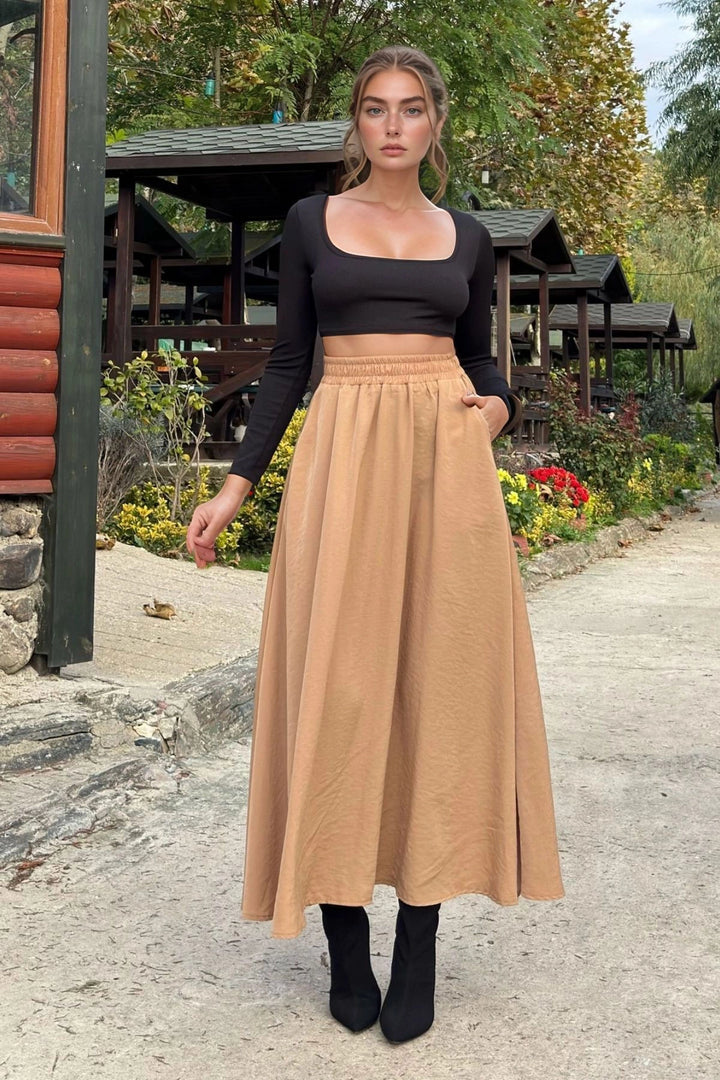 Caramel High Waisted Elastic Long Skirt BCBSK-25700-3676 - Zutphen