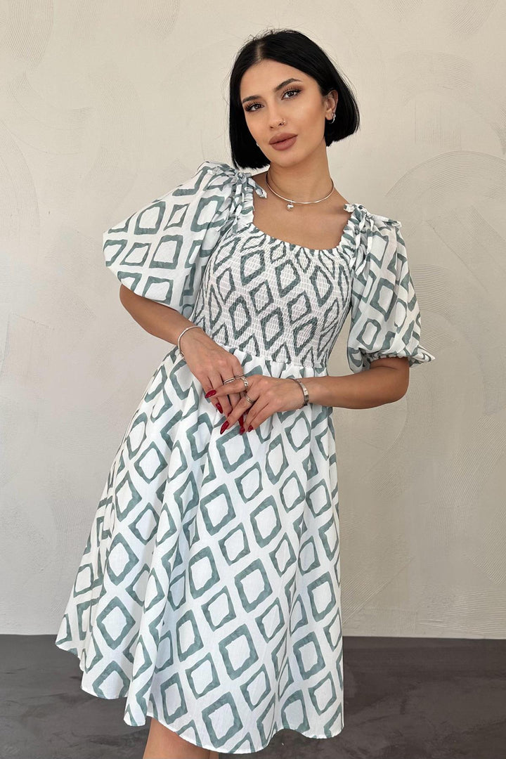 ELS Square Patterned Summer Dress - Green - Bay City