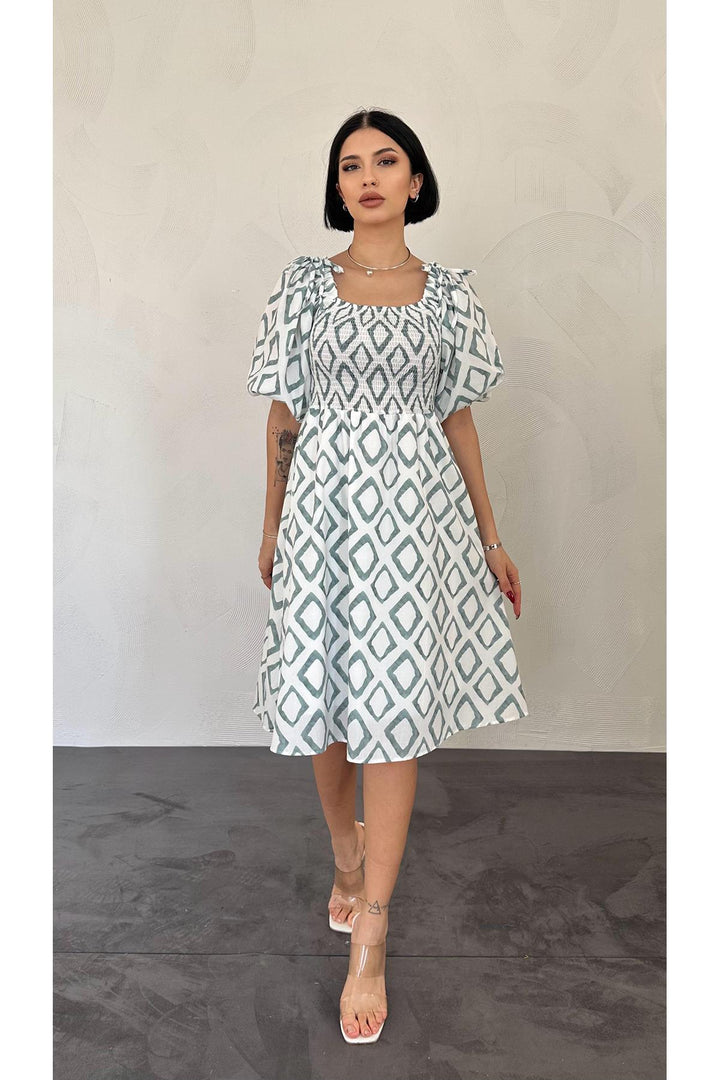 ELS Square Patterned Summer Dress - Green - Bay City