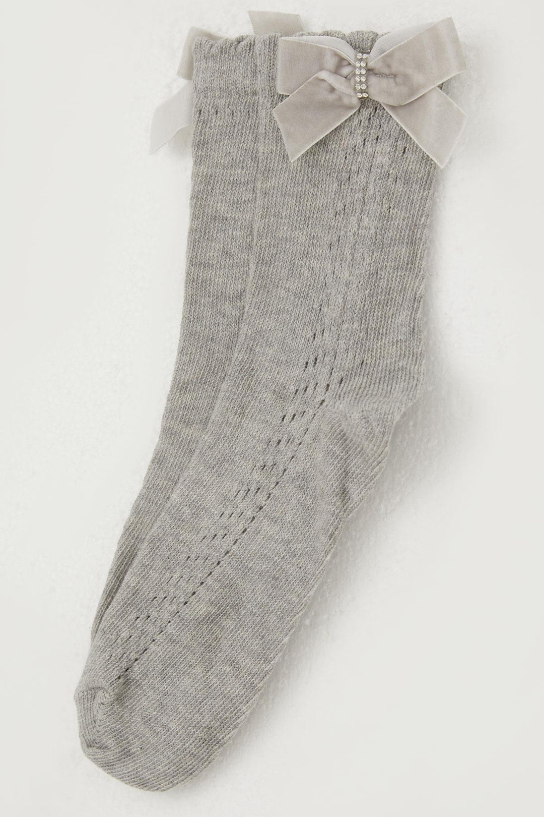 BRE Katamino Girl's Socks with Mesh Top, Bow Accessory and Stone Detail, 92 Years, Grey Melange - Schoten
