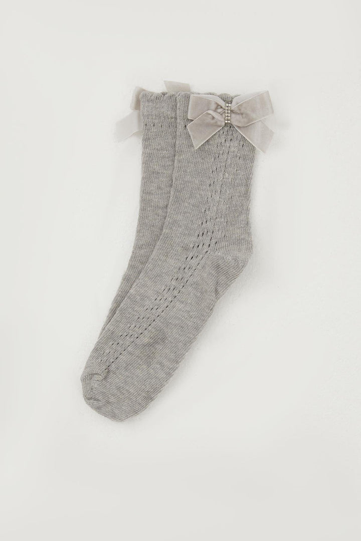 BRE Katamino Girl's Socks with Mesh Top, Bow Accessory and Stone Detail, 92 Years, Grey Melange - Schoten