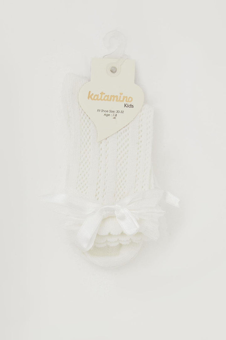 BRE Katamino Girl Child Mesh Socket Socks with Bow Accessory 7-8 Years, Ecru - Huixquilucan