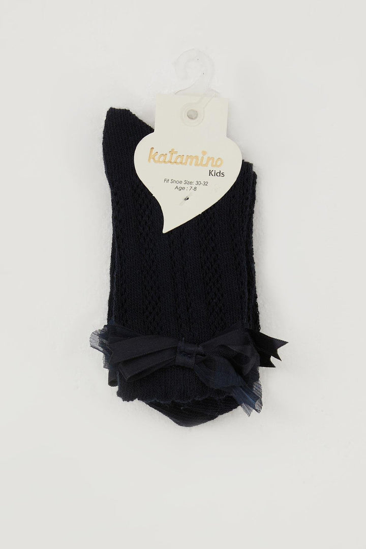 BRE Katamino Girl's Socks with Bow Accessories on the Ankle Part, 7-8 Years, Navy Blue - Tulsa