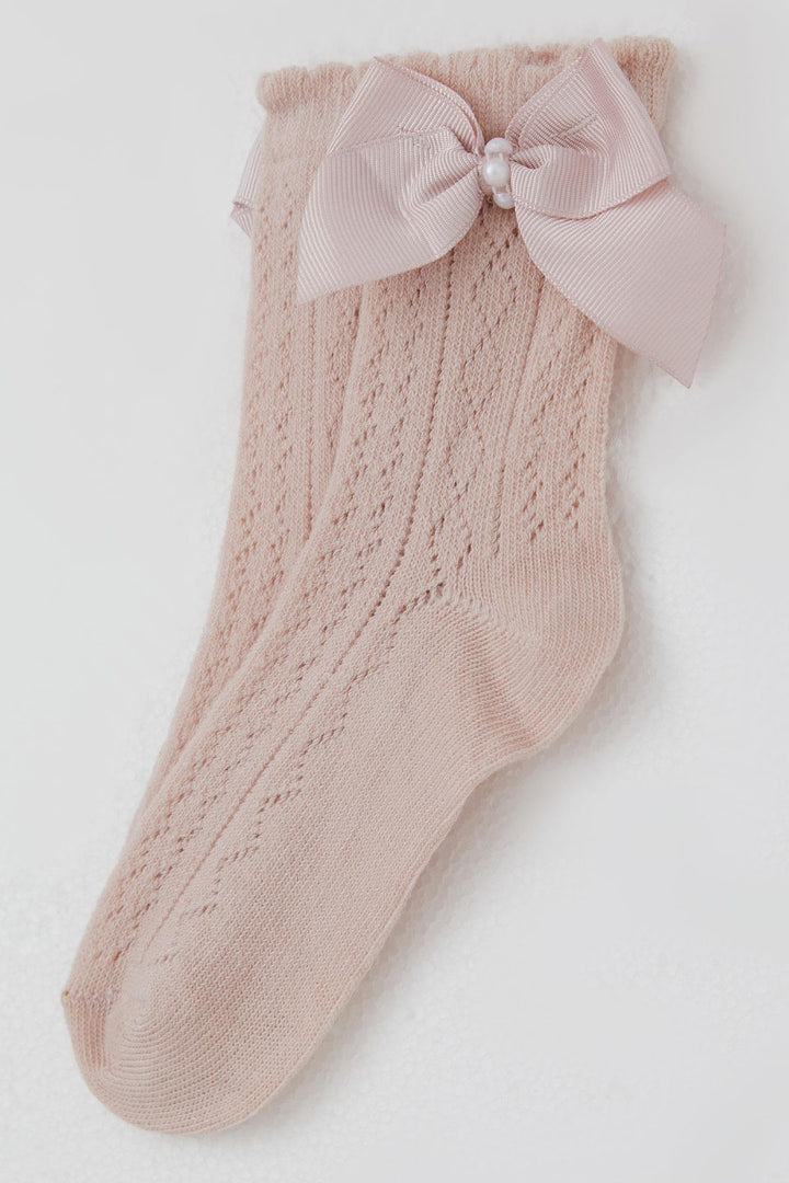 BRE Katamino Girl Child Mesh Socket Socks with Bow Accessory Pearl 5-8 Years, Rose Pink - Ponce